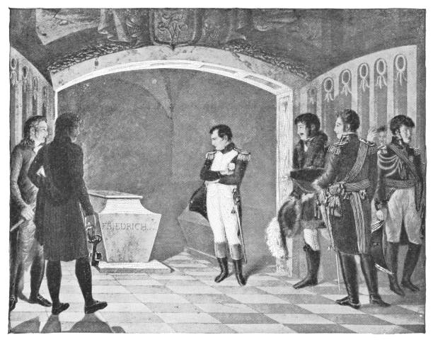 Napoleon Meditating on the Coffin of Frederick II of Prussia in the Crypt of the GarnisonKirche in Potsdam by Marie-Nicolas Ponce-Camus - 19th Century Napoleon Meditating on the Coffin of Frederick II of Prussia in the Crypt of the GarnisonKirche in Potsdam by Marie-Nicolas Ponce-Camus (circa 19th century). Vintage halftone etching circa late 19th century. njemp tribe stock illustrations