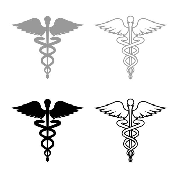 caduceus health symbol asclepius's wand ikona ustawiona szary czarny kolor - snake stock illustrations