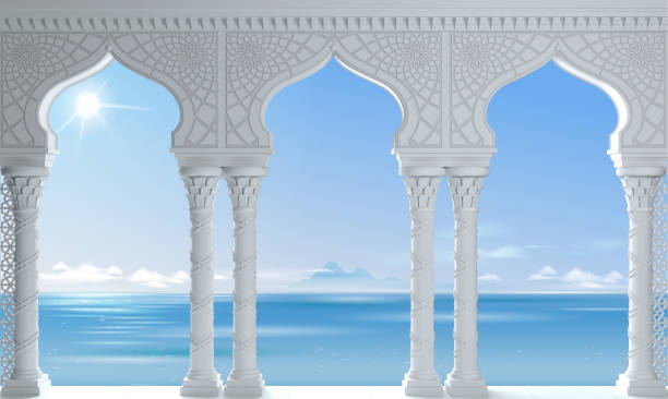 mare orientale antico porticato bianco arabo - ancient arabic style arch architecture foto e immagini stock