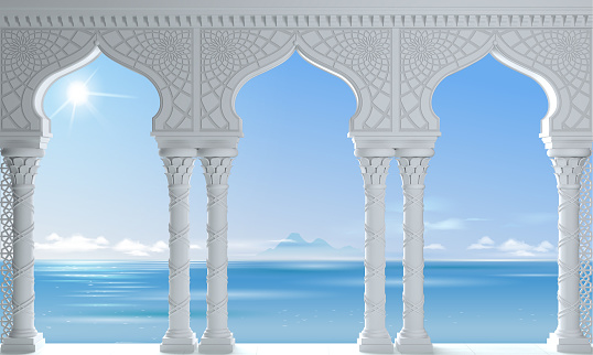 3d illustration. White Oriental arcade sea palace in the Arab style.