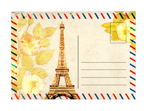 Vintage postcard with Eiffel Tower and rose flowers. Isolated on white background