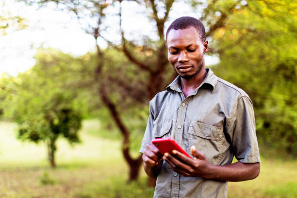 guarda florestal africana do parque que verific o relatório do tempo usando o smartphone - rural africa - fotografias e filmes do acervo