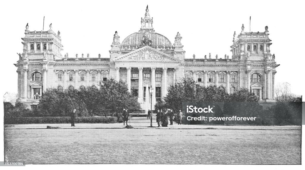 The Reichstag at Koenigsplatz in Berlin, Germany - Imperial Germany 19th Century The first Reichstag Building at Koenigsplatz in Berlin, Germany. The German Empire/Imperial Germany era (circa 19th century). Vintage halftone photo etching circa late 19th century. Antique Stock Photo