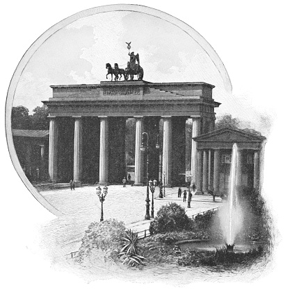 Brandenburg Gate in Berlin, Germany. The German Empire/Imperial Germany era (circa mid 19th century). Vintage halftone photo etching circa late 19th century.