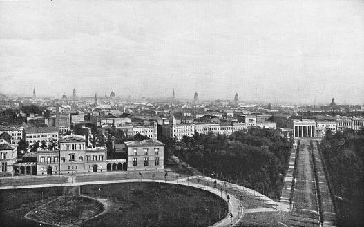 Moscow, Russia - October 1, 2023: Gorky Street (now Tverskaya) by The Minsk Hotel in Moscow in April, 1982.  Black and white 35mm film scan