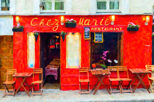 Paris, France: The café culture of Paris. Photo taken of a popular café in Paris and contains no people. The photo was turned into an oil painting interpretation by the photographer.