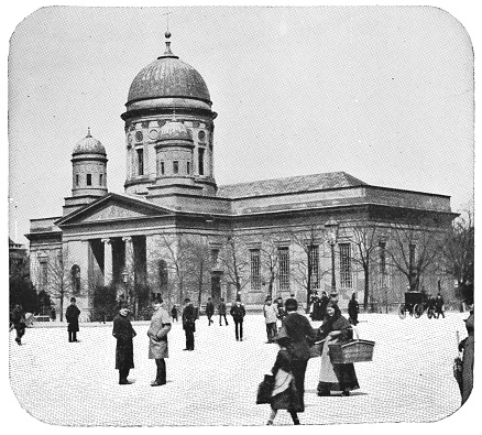 The Berlin Cathedral (Supreme Parish and Collegiate Church) in Berlin, Germany. The German Empire/Imperial Germany era (circa mid 19th century). Vintage halftone photo etching circa late 19th century. Karl Schinkel’s remodel design.