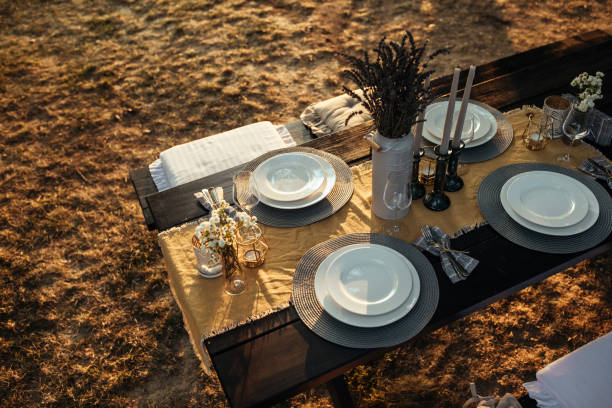Dining table set for a meal