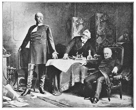 Otto von Bismarck, Adolphe Thiers and Jules Favre at Versailles, France for the Proclamation of the German Empire. The German Empire/Imperial Germany era (circa mid 19th century). Vintage halftone photo etching circa late 19th century.