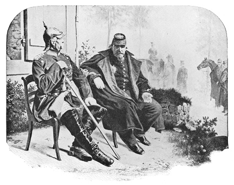 Otto von Bismarck and Emperor Napoleon III after his capture during the Battle of Sedan in the Franco-Prussian War. The German Empire/Imperial Germany era (circa mid 19th century). Vintage halftone photo etching circa late 19th century.