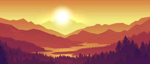 Mountain sunset landscape. Realistic pine forest and mountain silhouettes, evening wood panorama. Vector wild nature background Mountain sunset landscape. Realistic pine forest and mountain silhouettes, evening wood panorama. Vector illustration wild nature background river illustrations stock illustrations