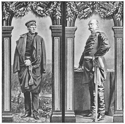 Portraits of Helmuth von Moltke the Elder and Otto von Bismarck. The German Empire/Imperial Germany era (circa 19th century). Vintage halftone photo etching circa late 19th century.