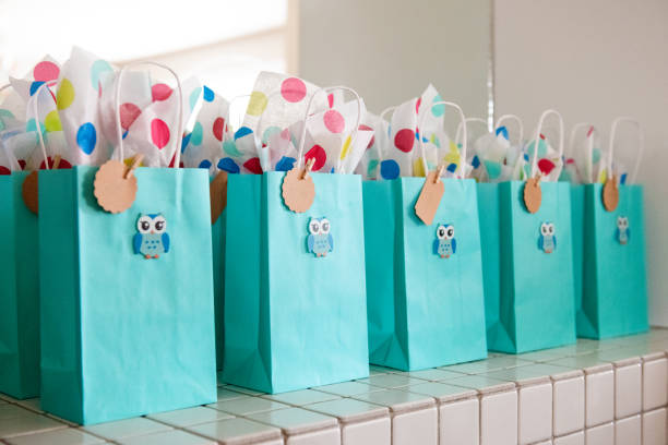 Blue gift bags birthday stock photo