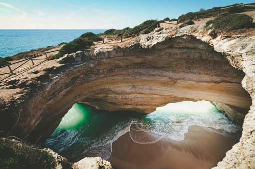 beautiful cave of benagil at the algarve coastline in portugal.