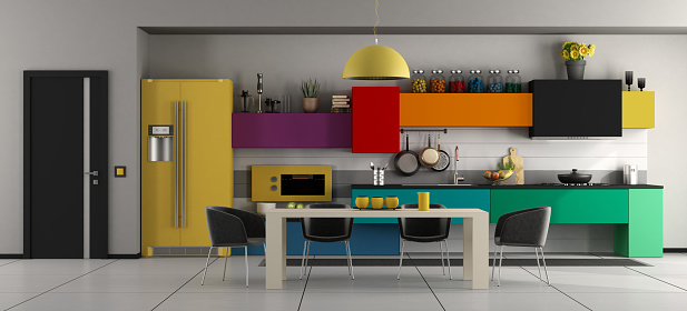 Colorful modern kitchen with white dining table ,black chairs and closed door - 3d rendering\nthe room does not exist in reality, Property model is not necessary