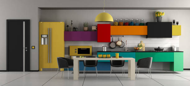 Colorful modern kitchen with table and chairs Colorful modern kitchen with white dining table ,black chairs and closed door - 3d rendering
the room does not exist in reality, Property model is not necessary blue house red door stock pictures, royalty-free photos & images