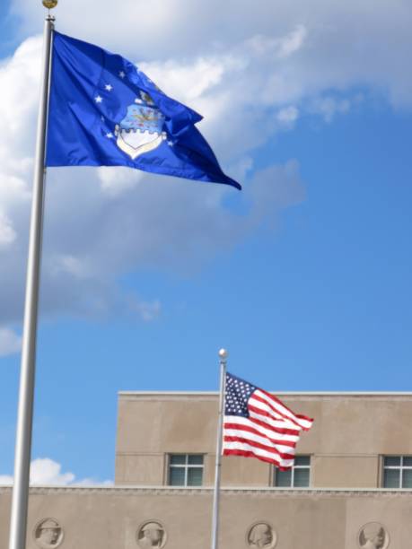 istock USA American flag & US Air Force flag, copy space 1153708078