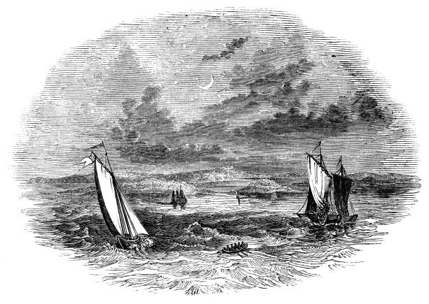 wrak statku sea venture na bermudach - xvii wiek - sea storm sailing ship night stock illustrations