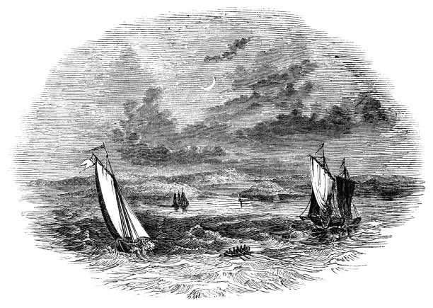 The shipwreck of the Sea Venture at the island of Bermuda (circa 17th century) from the Works of William Shakespeare. Vintage etching circa mid 19th century.