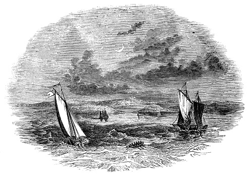 The shipwreck of the Sea Venture at the island of Bermuda (circa 17th century) from the Works of William Shakespeare. Vintage etching circa mid 19th century.