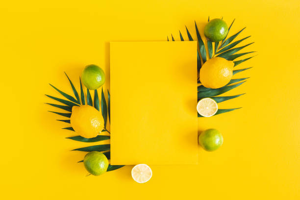 夏の構図。熱帯ヤシの葉、柑橘系の果物、黄色の背景に黄色の紙の空白。夏のコンセプト。フラットレイ, トップビュー, コピースペース - ブツ撮り 写真 ストックフォトと画像