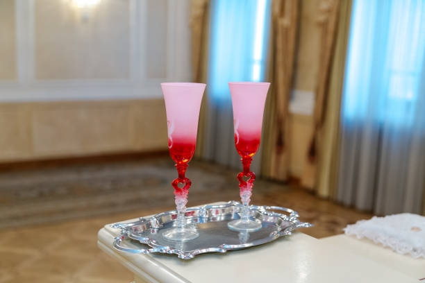 Beautiful wedding champagne glasses on a tray