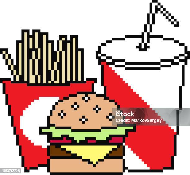 Set Of Food Icons In Pixel Style Stock Illustration - Download Image Now - Pixelated, Burger, Restaurant