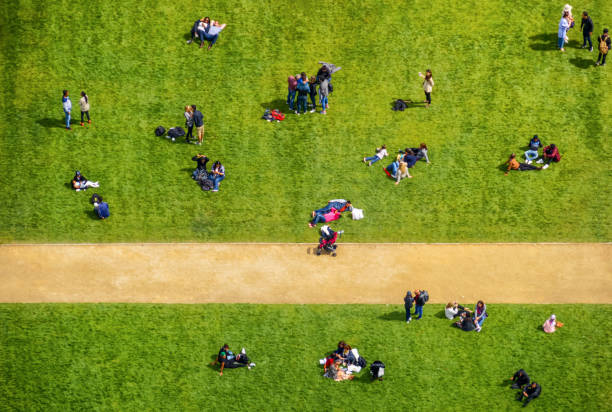 Aerial view of people in park Aerial view of people in park ile de france photos stock pictures, royalty-free photos & images