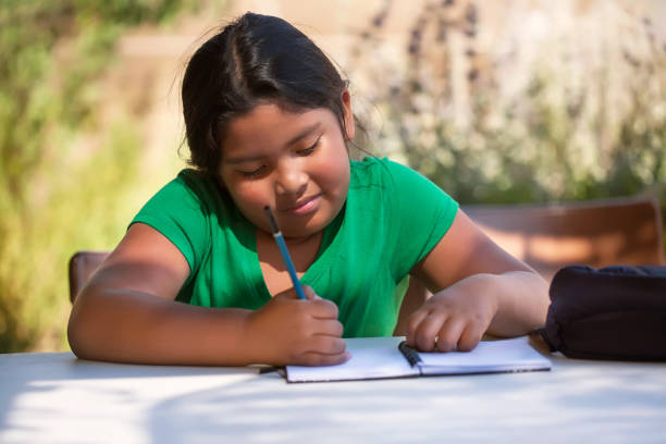 Smart elementary student using imagination to sketch ideas on notebook in an outdoor setting while the sun is setting. stock photo