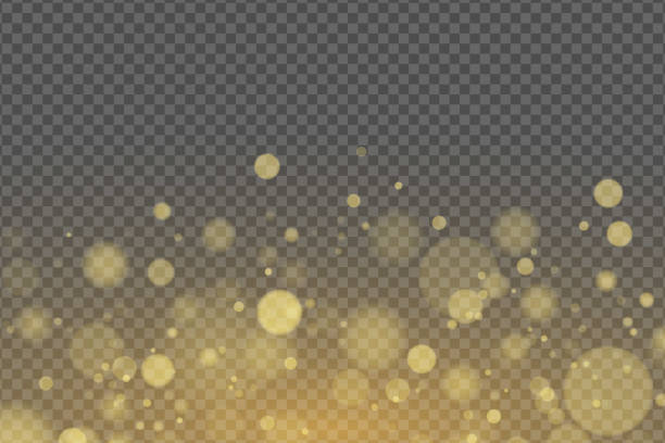 ilustrações, clipart, desenhos animados e ícones de efeito da luz do bokeh dourado dos brilhos isolado no fundo transparente. brilho brilhante. glitters dourados. manchas desfocadas aleatórias. ilustração eps 10 do vetor - colagem aleatoria
