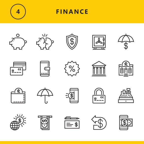 ilustraciones, imágenes clip art, dibujos animados e iconos de stock de los iconos de línea de finanzas - cash register wealth coin currency
