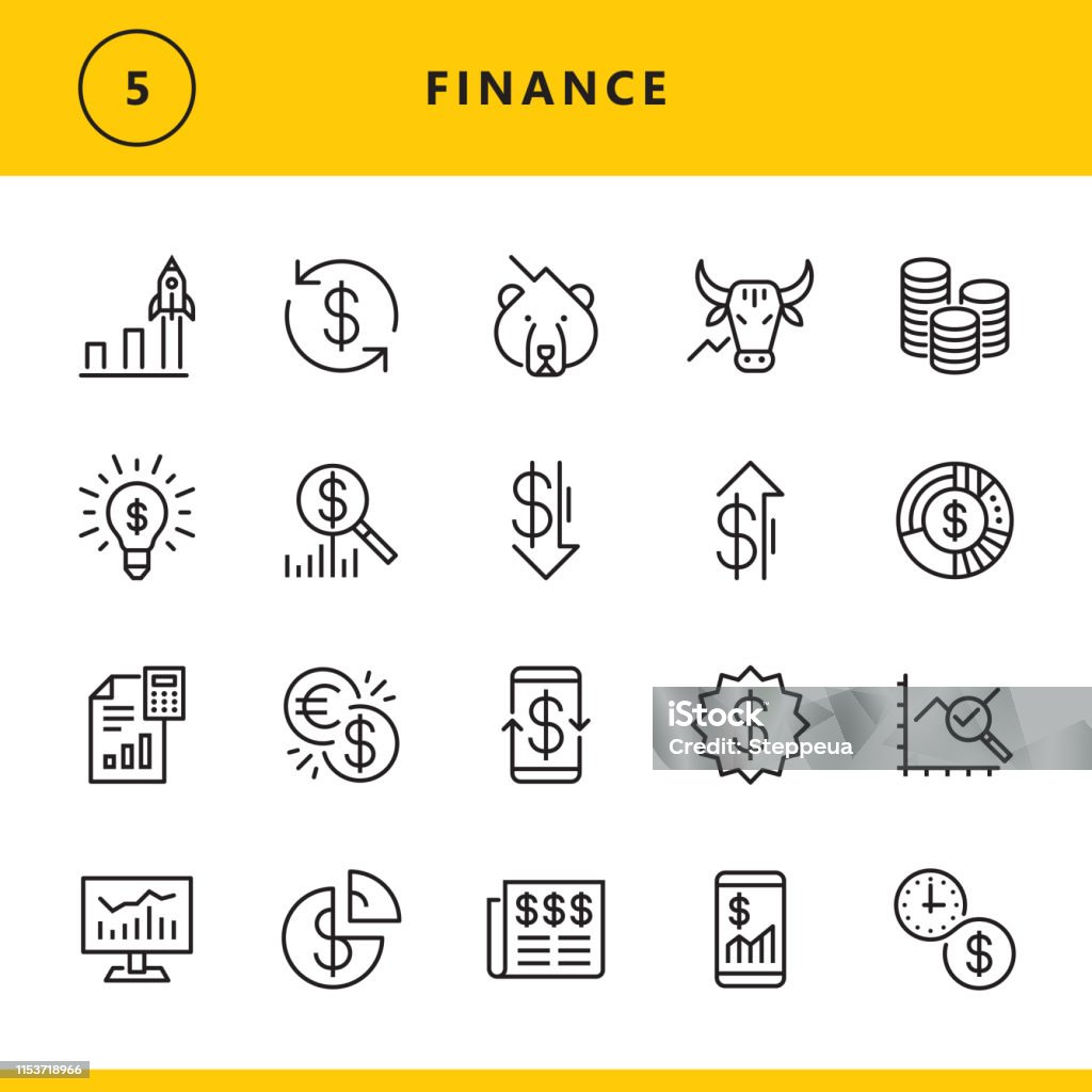 Finance line icons Vector thin line icons set. One icon consists of a single object. Files included: Vector EPS 10, HD JPEG 4000 x 4000 px Icon stock vector