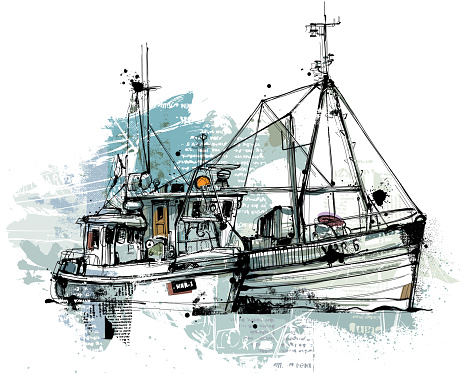Two Trawlers with blue Colors, hand drawn Vector image reduced to one layer. Isolated on white background.