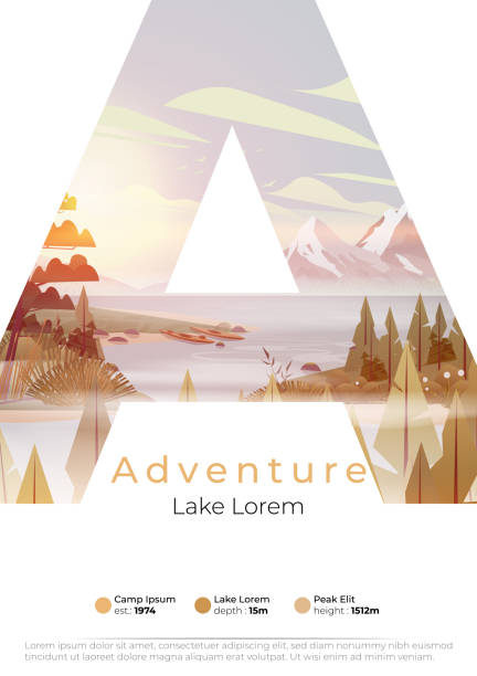 Lake summer camp poster with pine forest,  and mountains Lake summer camp poster with pine forest,  and mountains tourism logo stock illustrations