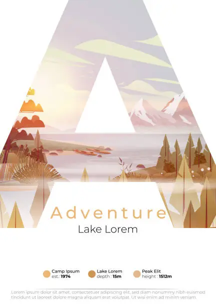 Vector illustration of Lake summer camp poster with pine forest,  and mountains