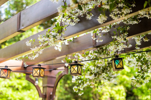 patio jardín de primavera al aire libre en patio trasero de casa con lámparas de linterna colgando de pérgola dosel de madera cenador y plantas flores blancas - clemátide fotografías e imágenes de stock