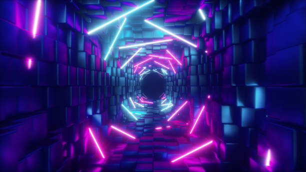 istock Abstract flying in futuristic corridor, fluorescent ultraviolet light, glowing colorful laser neon lines, geometric endless tunnel, blue pink spectrum, 3d illustration 1153729526