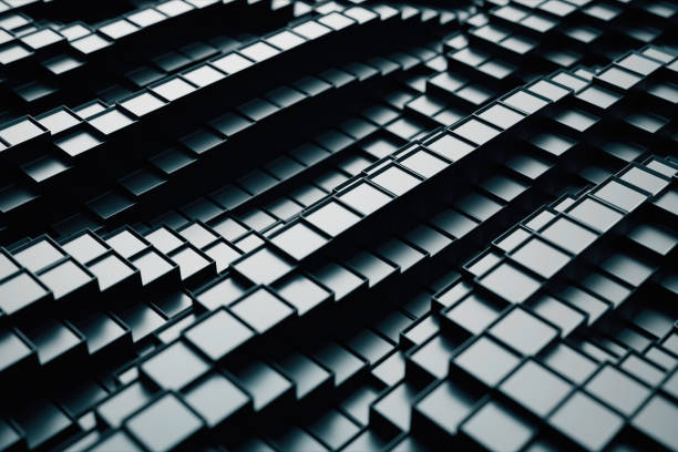 istock 3d render. Dark plastic cubic surface in wave motion. Abstract 3d illustration of cubes moving up and down. 1153729540