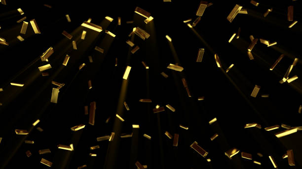 istock Falling gold bars in slow motion on black isolated background. 3d illustration 1153729578