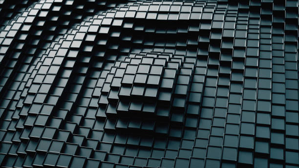 istock 3d render. Dark plastic cubic surface in wave motion. Abstract 3d illustration of cubes moving up and down. 1153729585