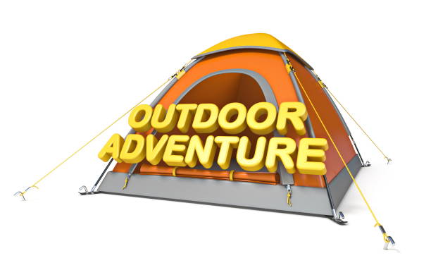 carpa naranja con texto outdoor adventure 3d - tent camping dome tent single object fotografías e imágenes de stock