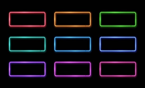 ilustrações de stock, clip art, desenhos animados e ícones de colorful neon frame set. square shape signs collection. design element template. led or halogen lamp border. 1980s style 3d electric neon tubes. brightly lit illuminated rectangle vector illustration. - brightly lit