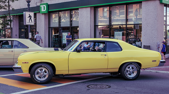 Moncton, New Brunswick, Canada - July 7, 2017 : 2017 Atlantic Nationals Automotive Extravaganza, 1974 Chevrolet Nova SS on display in the downtown area of Moncton, New Brunswick.
