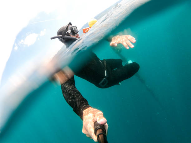 istock Diver floating in sea above and underwater 1153737128