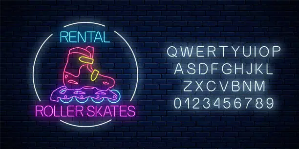 Vector illustration of Roller skates rental glowing neon sign in circle frame with alphabet. Skate zone symbol in neon style.