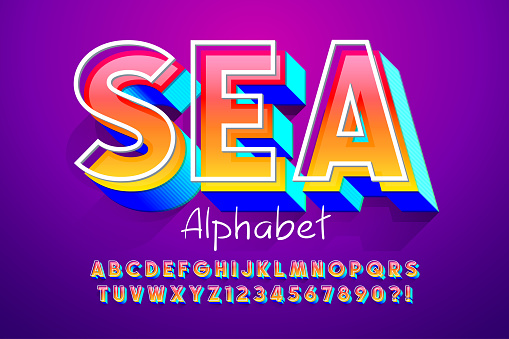 Colorful 3d display font design, alphabet, letters and numbers. Swatch color control