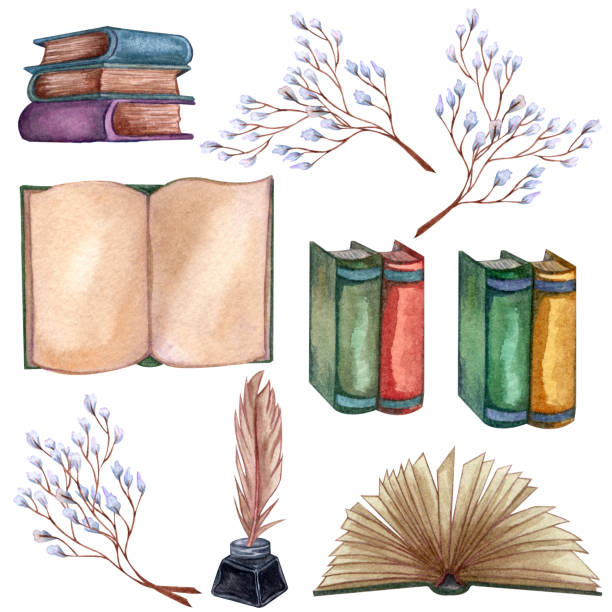 ilustrações de stock, clip art, desenhos animados e ícones de hand drawn watercolor illustration a pile of old books, ink bottle, ink pen, floral twig, open book. antique objects. old and rare books together with artifacts. - antique old fashioned illustration and painting ancient