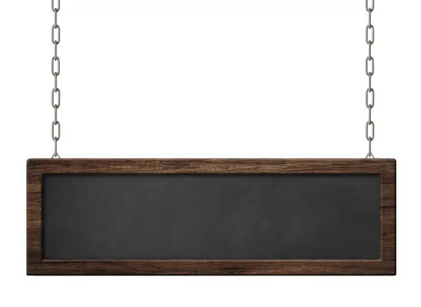 Empty oblong blackboard with dark wooden frame hanging on chains. Isolated on white background