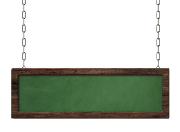 istock Oblong green blackboard with dark wooden frame hanging on chains 1153748180