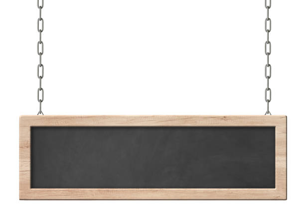 Oblong blackboard with bright wooden frame hanging on chains stock photo